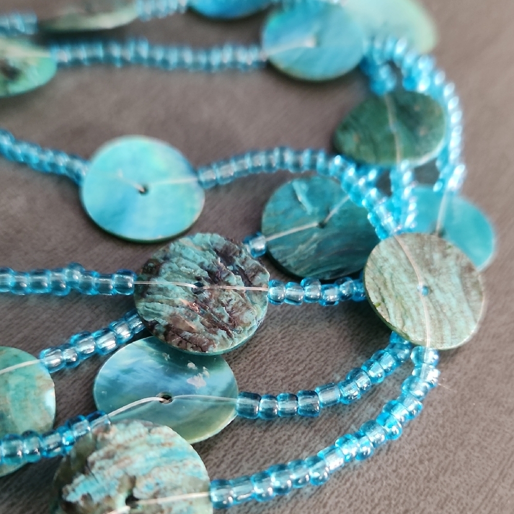 Turquoise Abalone Shell Bead & Seed Long Wrap Opera Style Necklace